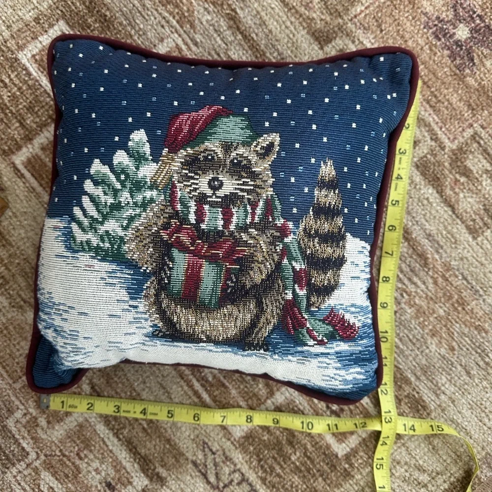 Vintage Tapestry Winter Raccoon Pillow Christmas Festive Holiday Throw Pillow